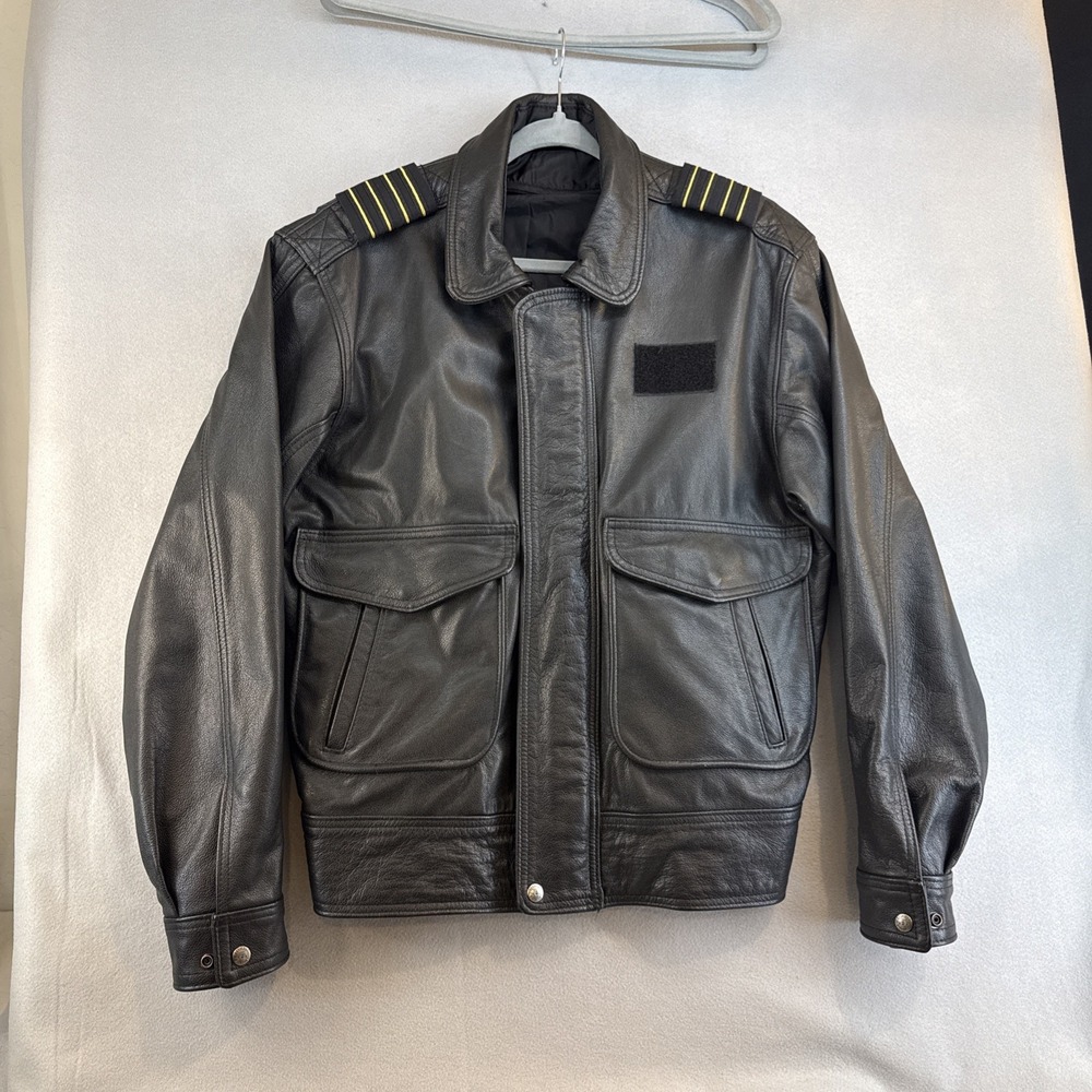 Perrone Aviation Black Leather Pilot Jacket Flight Bomber Men ML Medium Long